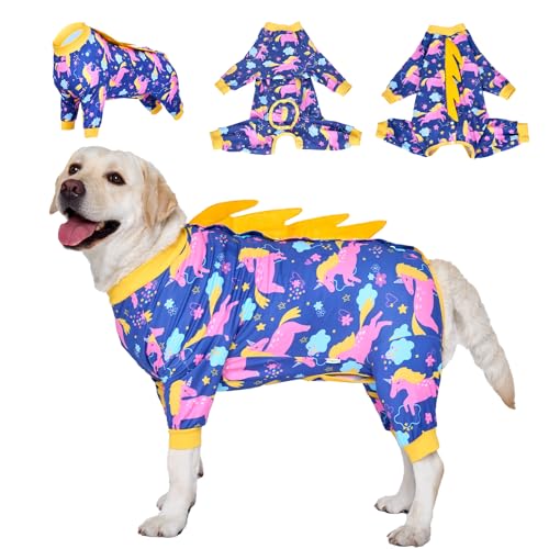 LovinPet Genesungspyjama für Hunde – erholt sich bequem und gut schützend, Haustier-Einteiler, Haustier-Pyjama, Anti-Leck-Anzug, Hunde-Genesungsanzug, Einhorn, Gelb, Größe XXL von LovinPet