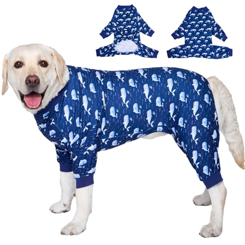 LovinPet Große Hunde-Outfit, Hunde-Einteiler für Operationen, große Rassen, leichter marineblauer Wal-Druck, großer Hund, Jammies, UV-Schutz-Shirt für Hunde, einfach zu tragen, Hunde-Overall, blau, XL von LovinPet