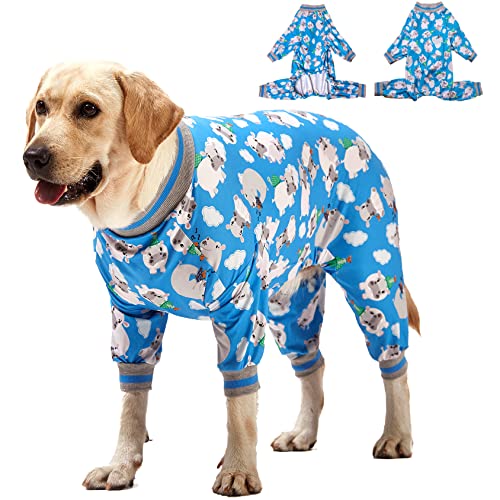 LovinPet Große Hundekleidung/gemütlicher Hunde-Schlafanzug, schmale Passform, leichter Pullover/vollständige Abdeckung, Hunde-Pyjama/Happy Hippo Blue Print/große Hunderassen Hunde-Schlafanzug/XL von LovinPet