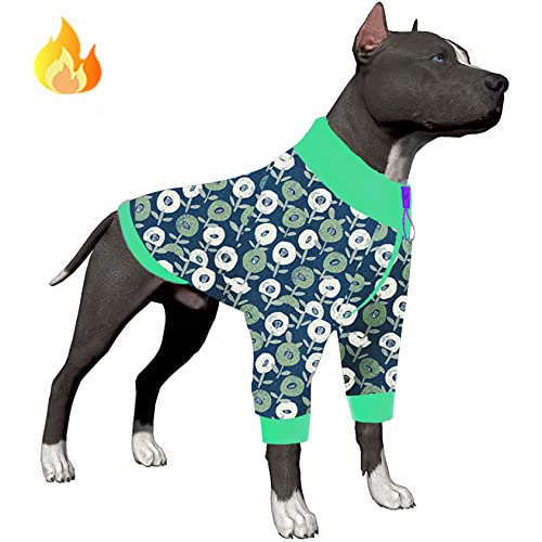 LovinPet Große Hundepullover – warmer Flanellstoff, Flachs-Drucke, Blumen, blaue Drucke, Mäntel für Hunde, aktualisierter Pullover für Hunde, Hunde-Wintermantel für kaltes Wetter, Blau von LovinPet