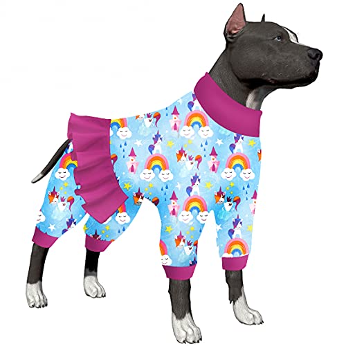 LovinPet Großer Hunde-Operations-Outfit – 65 % Baumwolle, UV-Schutz, leichter dehnbarer Stoff, postoperativer Pyjama, Regenbogen-Schloss-Druck, großer Hunde-Pyjama, Unterhemd für Hundekleider, rot, L von LovinPet