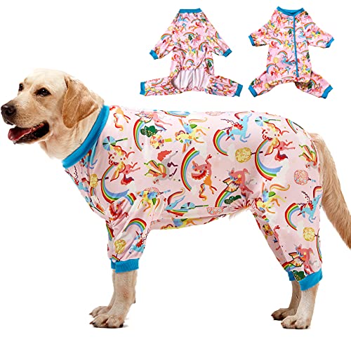 LovinPet Großer Hunde-Pyjama, Einteiler - magischer Regenbogen-Glanz, rosa Druck, leicht, dehnbarer Strickpullover, große Welpen, Einteiler für große Hunde, große Hunderassen, Jammies, von LovinPet