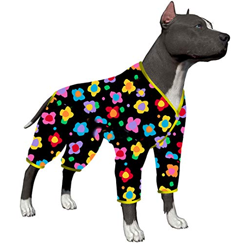 LovinPet Großer Hunde-Pyjama, nach Operationen, Stretch-Strick, Evie, geworfene Blumen, schwarzer Druck, UV-Schutz, Haustier-Entlastung, vollständige Abdeckung, Hunde-Pyjama. von LovinPet