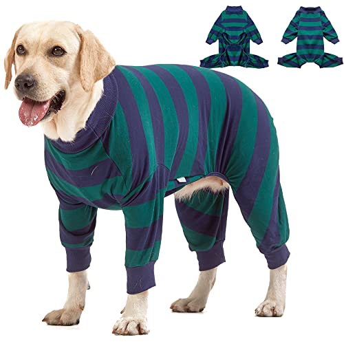 LovinPet Großer Hunde-Pyjama-Body – leichter dehnbarer Strickpullover für Hunde, Grün und Schwarz gestreift, UV-Schutz/große Rassen, Hunde-Jammies, Haustier-PJ's/Größe L von LovinPet