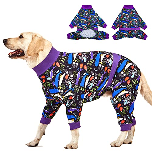 LovinPet Großer Hunde-Pyjama – Einteiler nach Operationen für große Hunderassen, reflektierende Streifen, leicht, atmungsaktiv, dehnbar, anthrazit, Tiefsee-Druck, große Hunde-Jammies, Schwarz, 3XL von LovinPet