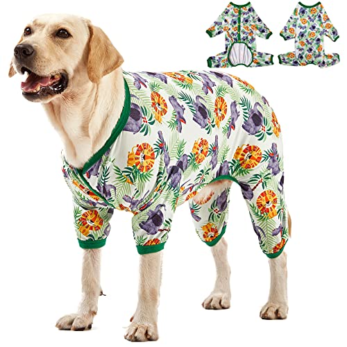 LovinPet Großer Hunde-Pyjama-Einteiler: leichter dehnbarer Strickpullover für große Rassen, Jammies, großer Nilpferd, grüner Druck, Wundpflege/nach Operationen, Haustier-PJ's, Hunde-Einteiler/3XL von LovinPet