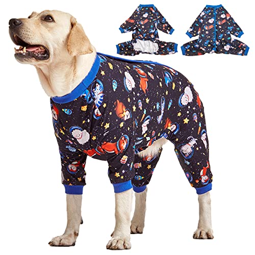 LovinPet Großer Hunde-Pyjama – beruhigender Hunde-Einteiler, Unterhemd für Hundemäntel, leicht, dehnbar, 4-beiniger Stil, große Hunde, Jammies, Weltraumtiere, schwarzer Druck, Haustier-Pjs, Schwarz, von LovinPet
