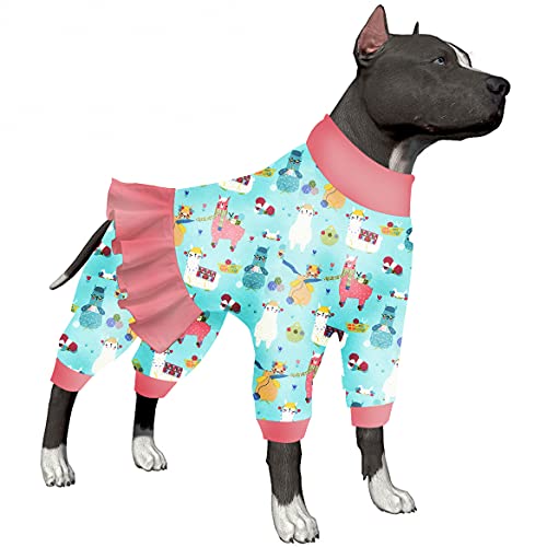 LovinPet Großer Hunde-Pyjama für große Hunde – UV-Schutz, nach Operationen, Erholungshemd, leichter Strick, dehnbarer Stoff, Aqua-Alpaka-Druck, Unterhemd für Hundekleider, Orange L von LovinPet