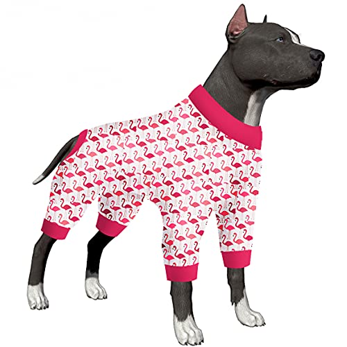 LovinPet Großer Hunde-Schlafanzüge, Angstberuhigendes Shirt, Hunde-Jammies für nach Operationen, Flamingo-Druck, große Hundekleidung, 4 Bein-Stil, Pullover, Hunde-Einteiler für Hunde, Rot, XXL von LovinPet