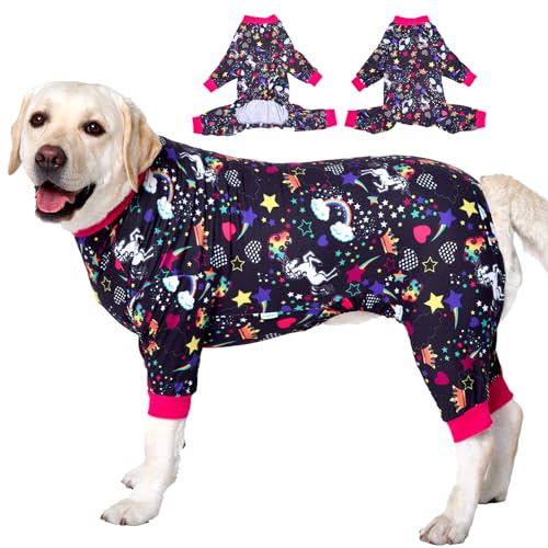 LovinPet Großer Hunde-Schlafanzug Pitbull PJS: Wundpflege/nach Operationen, großes Hunde-Shirt, Einhorn-Regenbögen, schwarzer Druck, leicht, dehnbar, Strickpullover für Hunde, Jammies, Haustier-PJs von LovinPet