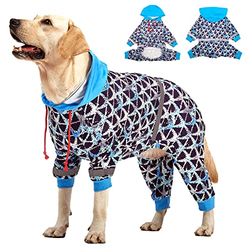 LovinPet Großer Pitbull Hunde-Einteiler – Wundpflege/nach Operationen, Angstlinderung für Hunde, große Hunde, leicht, dehnbar, reflektierende Streifen, brauner Hai-Druck, Haustier-Pyjama, 3XL von LovinPet
