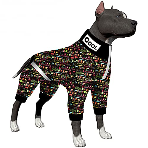 LovinPet Haustier-Einteiler, postoperativer Jumpsuit für Hunde, vollständige Abdeckung, elastischer Neon-Dschungel-Tiernamen, schwarzer Druck Pyjama für große Hunde von LovinPet