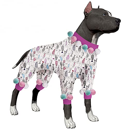 LovinPet Haustier-Pjs für große Hunde, UV- und postoperativer Schutz, 4 Beine, hoher Kragen, leicht, dehnbar, hässliche Fische, weiße Drucke, großer Hunde-Pyjama als Unterhemd für Hundekleider von LovinPet