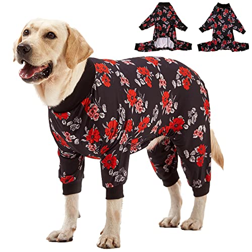 LovinPet Haustier-Schlafanzug für große Hunde, PJS – Floral Navy und Coral Print Dog Jammies, leichter dehnbarer Strickpullover für große Hunde, großer Hunde-Einteiler, Pet PJ's/M von LovinPet