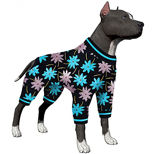 LovinPet Hunde-Body für mittelgroße Hunde und Mädchen, leichter dehnbarer Stoff, schwarz, türkisfarbener Blattdruck, 3XL, einfach zu tragen, bezaubernder Body von LovinPet