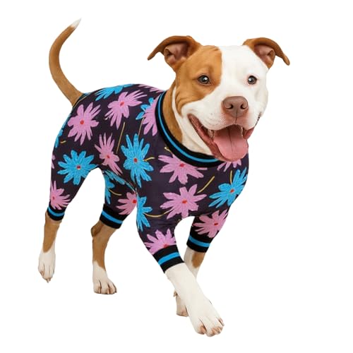 LovinPet Hunde-Body für mittelgroße Hunde und Mädchen, leichter dehnbarer Stoff, schwarz, türkisfarbener Blattdruck, Größe XL, einfach zu tragen, bezaubernder Body von LovinPet