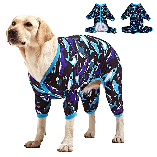 LovinPet Hunde-Einteiler – Haustier-Angstlinderung, Anti-Haarausfall, leichter dehnbarer Stoff, Wal Hello There weißer Druck, großer Hunde-Pyjama, Pitbull-Kleidung, alle Jahreszeiten/groß von LovinPet