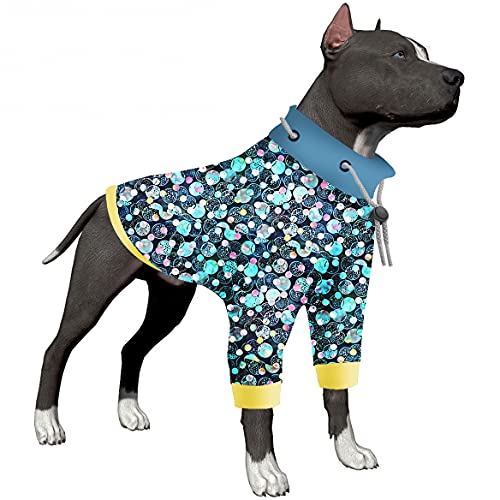 LovinPet Hunde-Pyjama, UV-Schutz, postoperativer Schutz, Hundebekleidung, 2-beinige Abdeckung, Hunde-Jumpsuit, dehnbarer Rundhalsausschnitt, Kordelzug, blaue Planetendrucke, Haustierkleidung von LovinPet