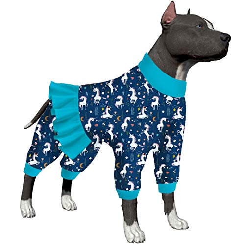 LovinPet Hunde-Pyjama – Einhorn-Hundehemd, Erholung nach Operationen, Meerjungfrauen und Einhörner, blau/weißer Druck, leichter Pullover, großer Welpen-Pyjama, volle Abdeckung, Hunde-Pyjama, blau, XXL von LovinPet