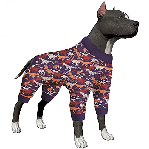 LovinPet Hunde-Pyjama für Mädchen, 31.8 kg – großer Hunde-Schlafanzug, leichter dehnbarer Stoff, lila und orangefarbener Camouflage-Dinosaurier-Druck, Hunde-Einteiler für Party, Violett XXL von LovinPet