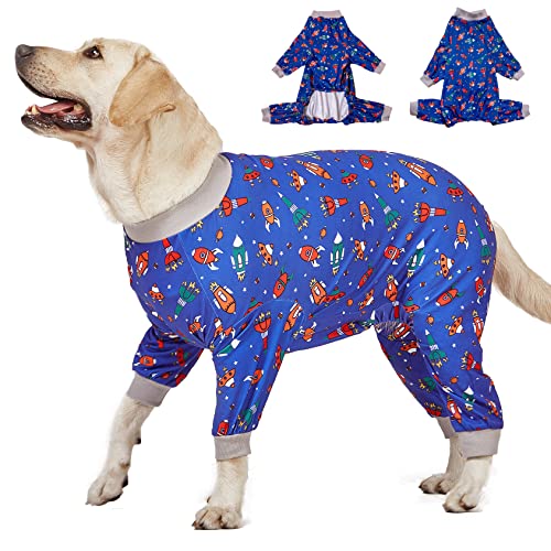 LovinPet Hunde-Raketen-Schlafanzug, Weltraumrakete und Raumschiff, Marineblau, leichter Pullover für große Hunde, volle Abdeckung, für große Rassen, Einteiler für große Hunde von LovinPet