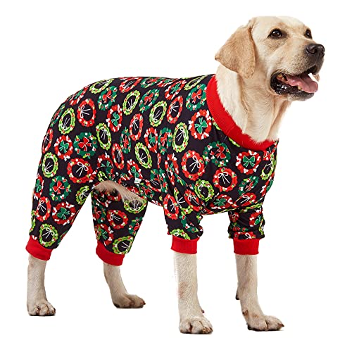 LovinPet Hunde-Weihnachtsbody, große Größe, langärmeliges Hemd für Hunde, Urlaubs-Hundekostüm, leichter Pullover, Freude, Urlaubskränze, schwarze Drucke, großer Hunde-Pyjama, Pitbull-Kleidung, von LovinPet