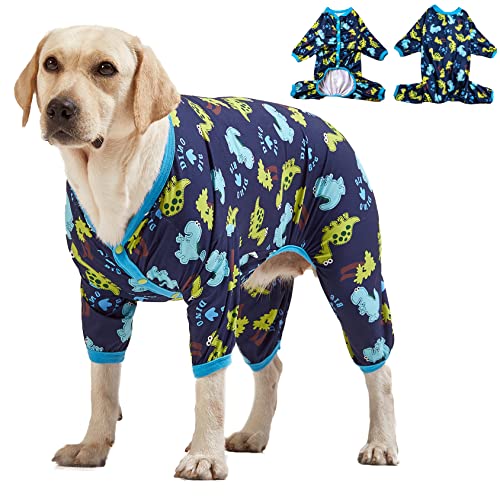 LovinPet Hundebekleidung für große Hunde: Dinosaurier im Dschungel-Druck, leichter dehnbarer Strickpullover, Welpen-Pyjama, Einteiler für große Hunde, Jammies, Haustier-Pyjama, Größe M von LovinPet