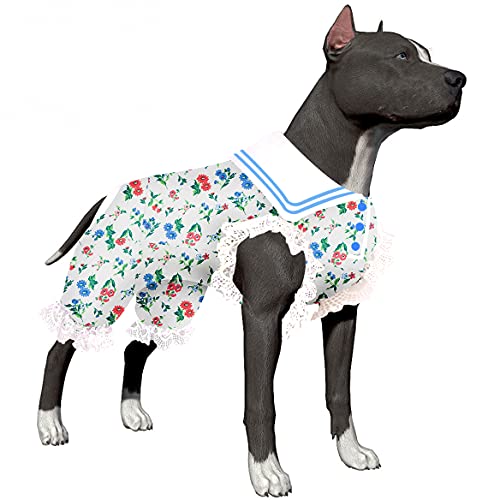 LovinPet Hundekleidung, Wundpflege, Revers-Hunde-T-Shirts für große Hunde, leichter dehnbarer Stoff, kleines Blumenweiß, blau, rosa Drucke große Hunde-Pjs für Hunde, Pitbull Kleidung L von LovinPet