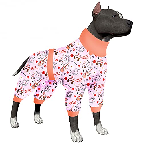 LovinPet Langärmeliger Schlafanzug für Hunde, postoperativer Jumpsuit für Hunde, reflektierender Riemen, vollständige Abdeckung, rosa Druck, Pyjama für große Hunde von LovinPet