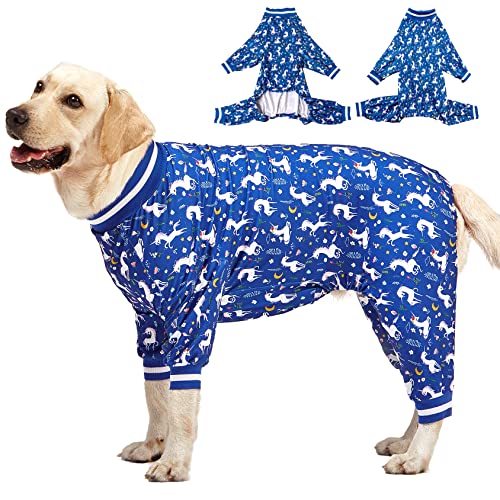 LovinPet PJS Hunde-Kleidung: Wundpflege/nach Operationen, leicht, dehnbar, gestrickt, Meerjungfrauen und Einhörner, blau und weiß, Druck für große Hunde, PJs, XL von LovinPet
