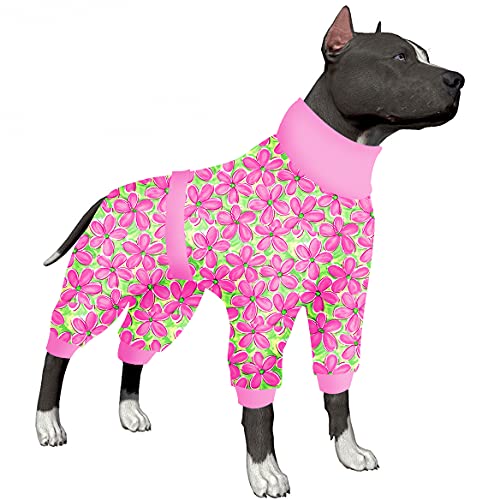 LovinPet Pitbull Haustier-Outfit, Erholungspyjama nach Operationen, reflektierende Streifen, volle Abdeckung, Hunde-Einteiler, atmungsaktiver und dehnbarer Stoff, Rosa/Grün, XXL von LovinPet