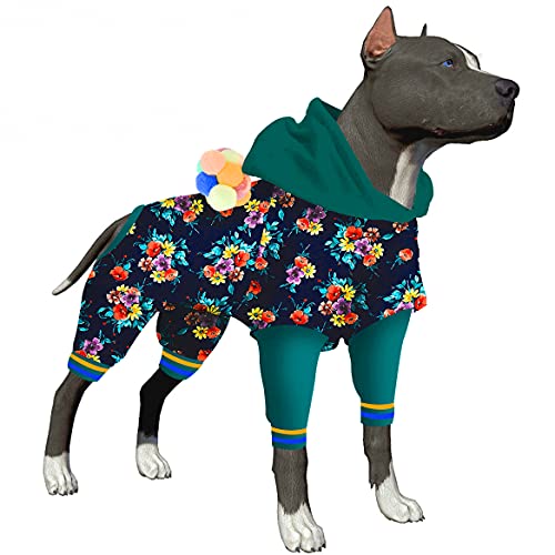 LovinPet Pitbull Hunde-Bodysuit, Wundpflege, Angstlinderung, einfach zu tragen, Hunde-Pyjama, Hunde-Jammies, modischer, reflektierender Riemen, Aquarell, Blumenmuster, Kostüm, L von LovinPet
