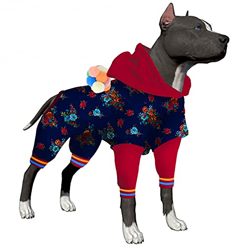 LovinPet Pitbull Hunde-Bodysuits, Wundpflege, Angstlinderung, einfach zu tragen, Hunde-Pyjama, Hunde-Jammies, Mode, reflektierender Riemen, Blumen-Marineblau/Fuchsia-Drucke, Kostüm, XXL von LovinPet