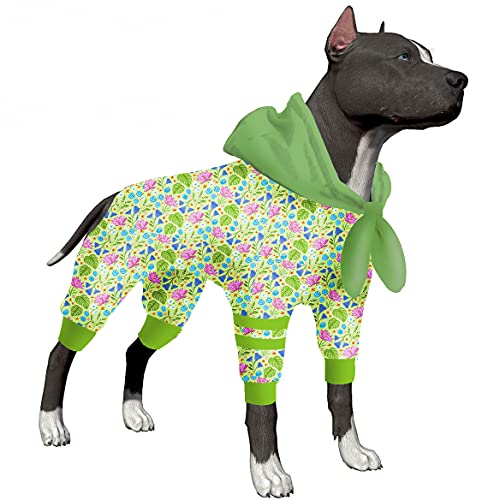 LovinPet Pitbull Hunde-Pyjama, Wundversorgung, Angstlinderung, leicht zu tragen, leichter Hunde-Pyjama, reflektierender Riemen, Blumenmuster, Limettengrün, Größe XL von LovinPet