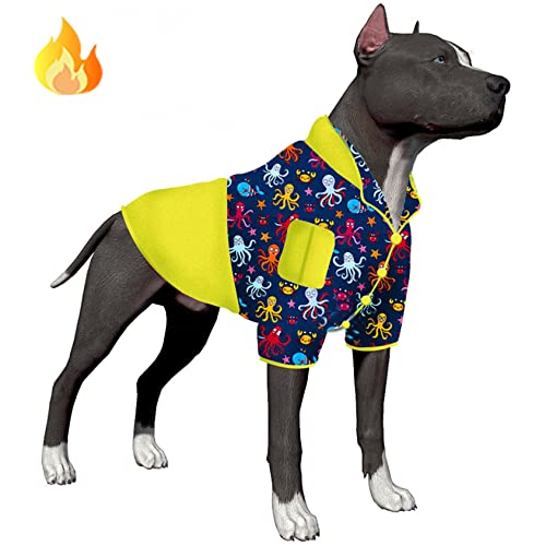 LovinPet Pitbull Mantel Einteiler für Hunde, Winter Warme Haustier Outfits, Hautfreundlicher Stoff, mit Drucken Meeresleben Marineblau/Multi Prints Hundekleidung für Herbst und Winter von LovinPet