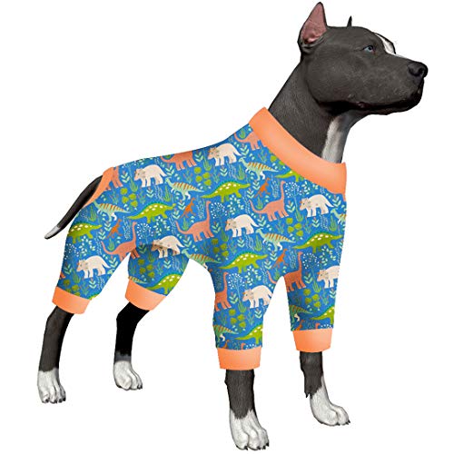 LovinPet Schlafanzug für große Hunderassen, Wundpflege/Nach Operationen, volle Abdeckung, Hemd, Dinosaurier-Landblau, leicht, dehnbar, Einteiler für große Hunderassen, Haustier-PJs von LovinPet