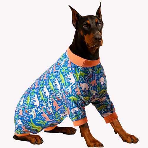 LovinPet Schlafanzug für große Hunderassen, Wundpflege/Nach Operationen, volle Abdeckung, Hemd, Dinosaurier-Landblau, leicht, dehnbar, Einteiler für große Hunderassen, Haustier-PJs von LovinPet