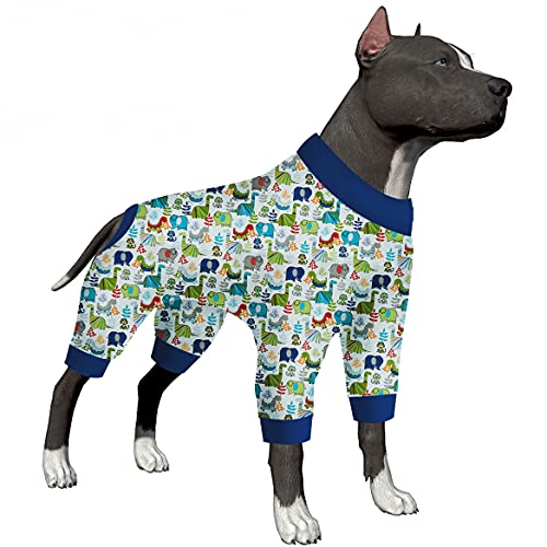 LovinPet Windhunde-Pyjama für Hunde – große Hunde-Pyjamas, leichter dehnbarer Stoff, weißer Dinosaurier-Allover-Druck, Haustier-Angstlinderung, einfach zu tragen, Hundekostüm, blaugrau, XL von LovinPet
