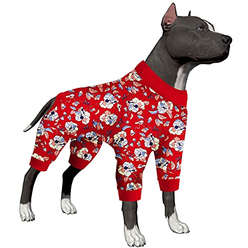 PJS Sweatshirt für große Hunde, Anti-Lecken und UV-Schutz, dehnbarer, bequemer, hautfreundlicher Stoff, nach Operationen, Erholung, Hunde-Pyjama, rot und pfirsichfarben, großer Hunde-Pyjama, Größe 3XL von LovinPet
