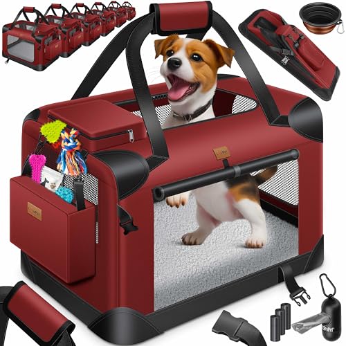 Lovpet® Transportbox Hund Katze Transporttasche L 70x52x52cm | Hunde-Tragetasche Faltbare Katzentasche | Haustier-Transportbox inkl. Hundenapf & Schultergurt | für Katzen & Hunde Bordeaux/Rot von Lovpet