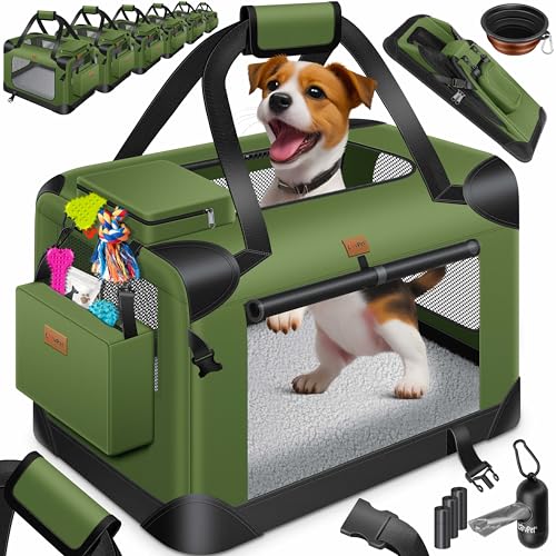 Lovpet® Transportbox Hund Katze Transporttasche L 70x52x52cm | Hunde-Tragetasche Faltbare Katzentasche | Haustier-Transportbox inkl. Hundenapf & Schultergurt | für Katzen & Hunde Khaki von Lovpet