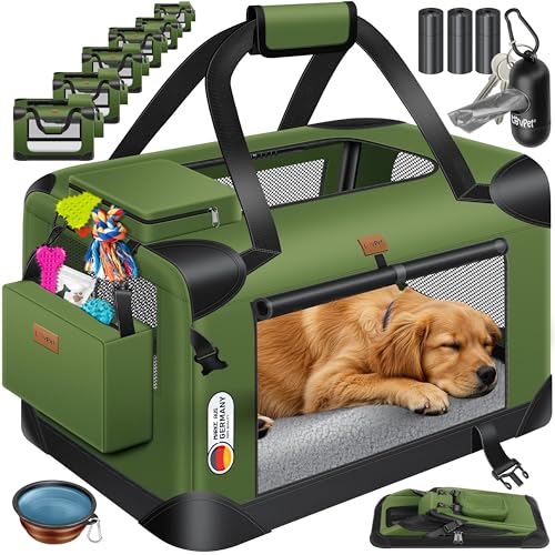 Lovpet® Transportbox Hund Katze Transporttasche XL 81,3x58,4x58,4cm | Hunde-Tragetasche Faltbare Katzentasche | Haustier-Transportbox inkl. Hundenapf & Schultergurt | für Katzen & Hunde Khaki von Lovpet