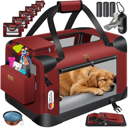 Lovpet® Transportbox Hund Katze Transporttasche XXL 91,4x63,5x63,5cm | Hunde-Tragetasche Faltbare Katzentasche | Haustier-Transportbox inkl. Hundenapf & Schultergurt | für Katzen & Hunde Bordeaux/Rot von Lovpet