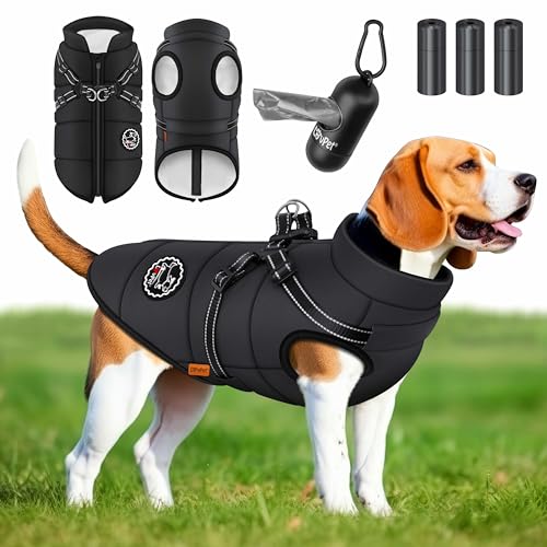 LOVPET® Hundejacke Hundemantel mit Geschirr, inkl. 45 Stück Kotbeutel + Spender, Hunde Winterweste gefüttert wasserdicht, Gepolsterte Weste Mit Brustgurt, Reflektoren, D-Ring 2XL, Schwarz von Lovpet