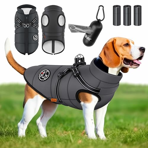 LOVPET® Hundejacke Hundemantel mit Geschirr, inkl. 45 Stück Kotbeutel + Spender, Hunde Winterweste gefüttert wasserdicht, Gepolsterte Weste Mit Brustgurt, Reflektoren, D-Ring 3XL, Anthrazit von Lovpet