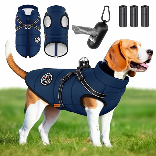 LOVPET® Hundejacke Hundemantel mit Geschirr, inkl. 45 Stück Kotbeutel + Spender, Hunde Winterweste gefüttert wasserdicht, Gepolsterte Weste Mit Brustgurt, Reflektoren, D-Ring 5XL, Navyblau von Lovpet