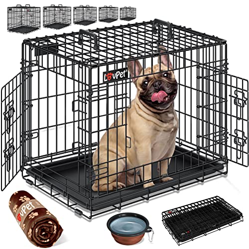 Lovpet® Hundekäfig klappbar Hundetransportkäfig Inkl. Fleecedecke + Napf Hundebox mit 2 Türen Transportkäfig Auto, Tiertransportbox Hundetransportbox mit Bodenschale 107 x 70 x 77,5 cm XL Schwarz von Lovpet