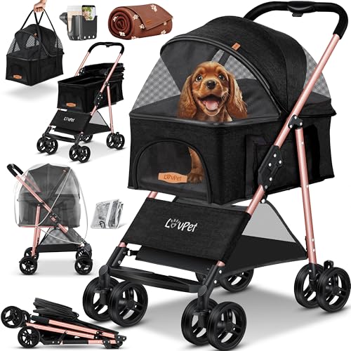 LOVPET® Hundewagen 2in1 Hundebuggy Hundebox Transporttasche Faltbar klappbar bis 20kg Haustiere Buggy mit Netzfenstern Getränkehalter, Regenschutzabdeckung & Kuscheldecke Jogger Buggy für Haustiere von Lovpet