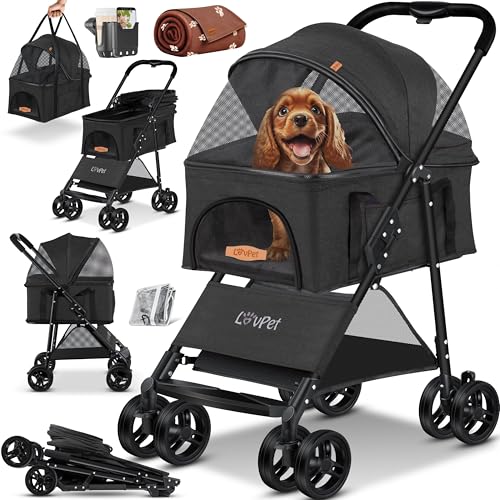 LOVPET® Hundewagen 2in1 Hundebuggy Hundebox Transporttasche Faltbar klappbar bis 20kg Haustiere Buggy Inkl. Netzfenstern Getränkehalter, Regenschutzabdeckung & Kuscheldecke, Jogger Buggy für Haustiere von Lovpet
