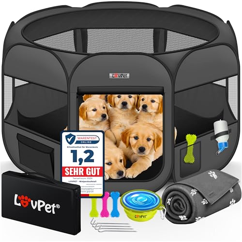LOVPET® Welpenlaufstall Tierlaufstall Faltbar für Kleintiere Hunde, Katzen Inkl. Hundenapf und Fleece Decke Hundelaufstall Freigehege Oxfordgewebe Pop-up System Indoor & Outdoor, Anthrazit/Schwarz von Lovpet